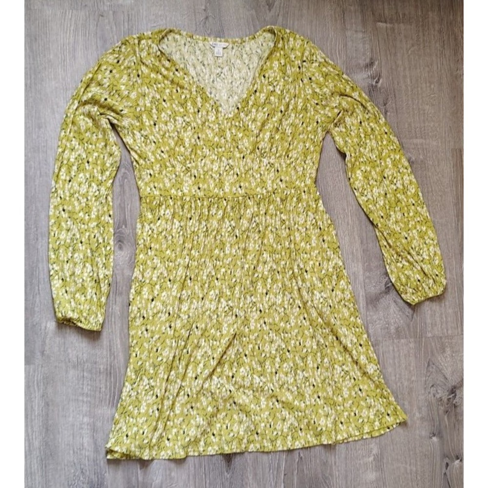 Cato Mini Dress Womens Small‎ Yellow Gauzy Long Sleeve V Neck Pockets